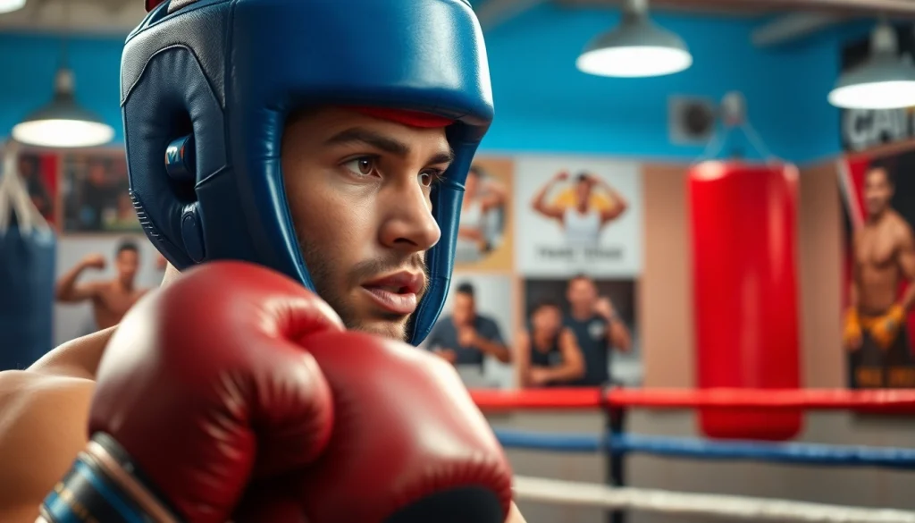 Boxer training in headgear boxing for protection and performance