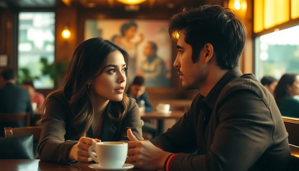ดูหนัง คู่รักนั่งอยู่ในคาเฟ่ที่อบอุ่น พูดคุยอย่างลึกซึ้ง