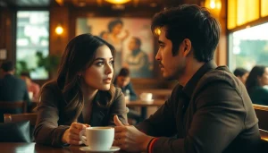 ดูหนัง คู่รักนั่งอยู่ในคาเฟ่ที่อบอุ่น พูดคุยอย่างลึกซึ้ง