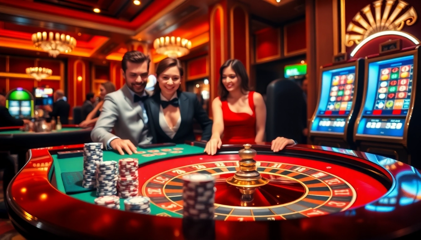 Vivez l'excitation des meilleurs casinos en ligne à une table de roulette luxueuse entourée de joueurs impatients.