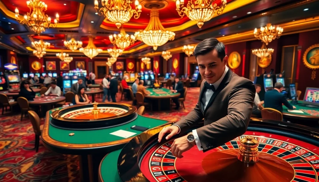 Vivez l'excitation des meilleurs casino en ligne avec des joueurs profitant de la roulette et des machines à sous dans un cadre luxueux.