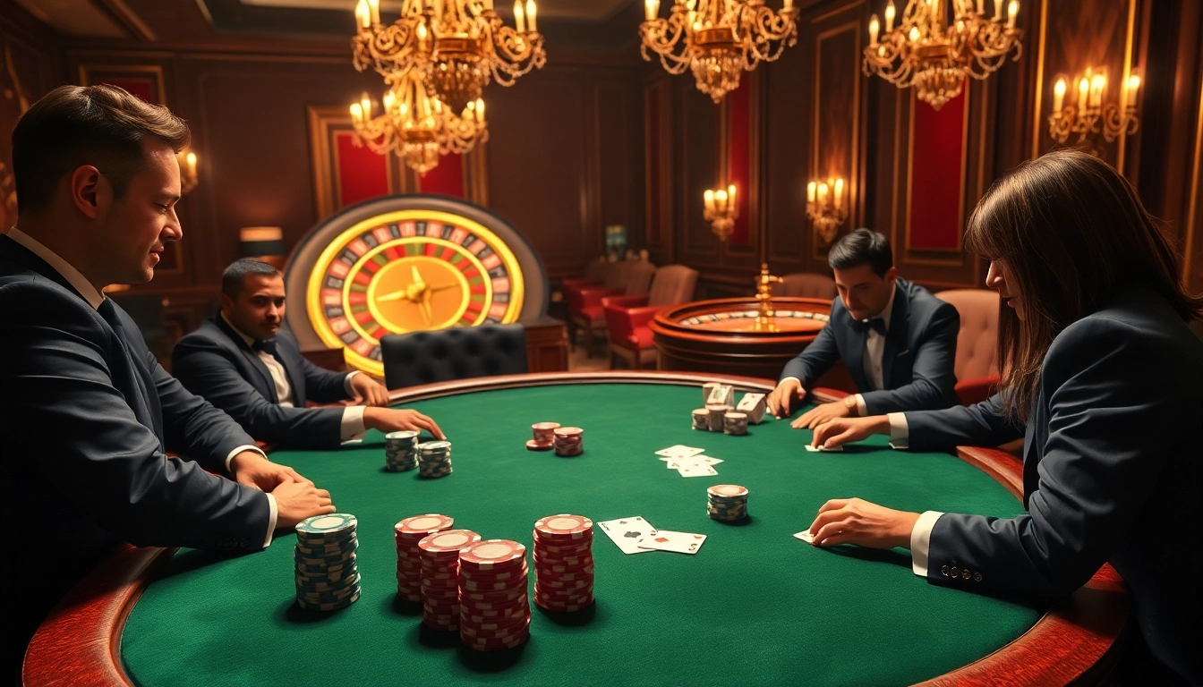 Jeu de poker à enjeux élevés illustrant les meilleurs casinos en ligne, joueurs, jetons et roulette.