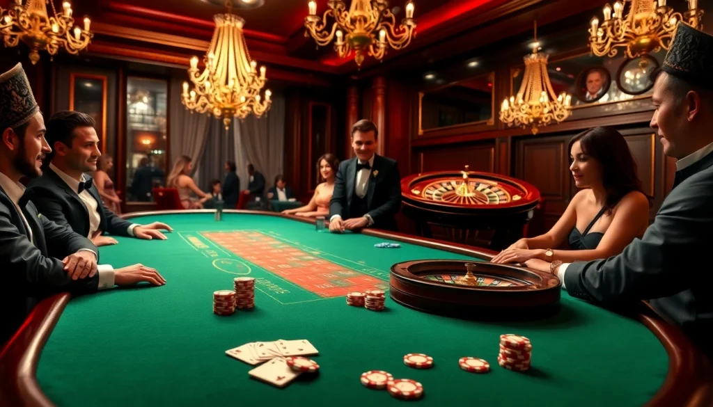 Joueurs engagés à une table de poker dans un casino luxueux, montrant l'excitation des meilleurs casinos en ligne.