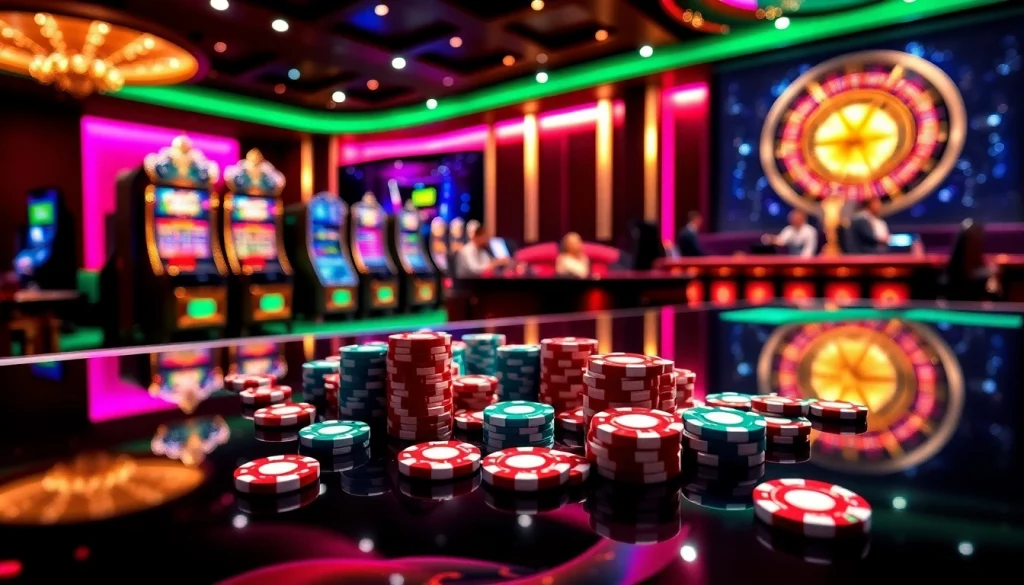 Scène excitante mettant en avant meilleurs casino en ligne avec des tables vibrantes, de la roulette et des jetons de poker.