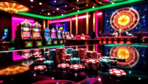 Scène excitante mettant en avant meilleurs casino en ligne avec des tables vibrantes, de la roulette et des jetons de poker.