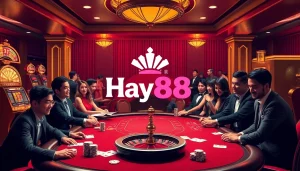 Exciting casino scene with Hay88 branding featuring poker chips, cards, and a roulette wheel.