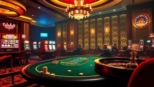 Vivez l'excitation des meilleurs casino en ligne avec des joueurs s'affrontant à une table de poker à enjeux élevés, éclairée dans une ambiance luxueuse.