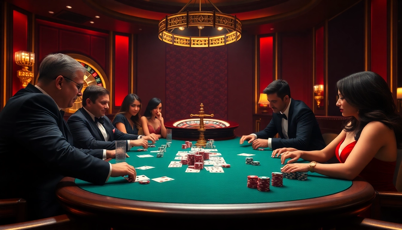 Participez à une action de poker à enjeux élevés au meilleurs casino en ligne, mettant en avant une table de poker vibrante et une roue de roulette.