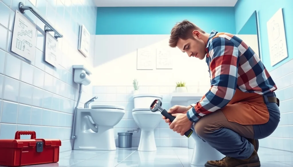 Expert plumber engaged in toilet repair, showcasing tools and modern bathroom design.