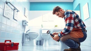 Expert plumber engaged in toilet repair, showcasing tools and modern bathroom design.