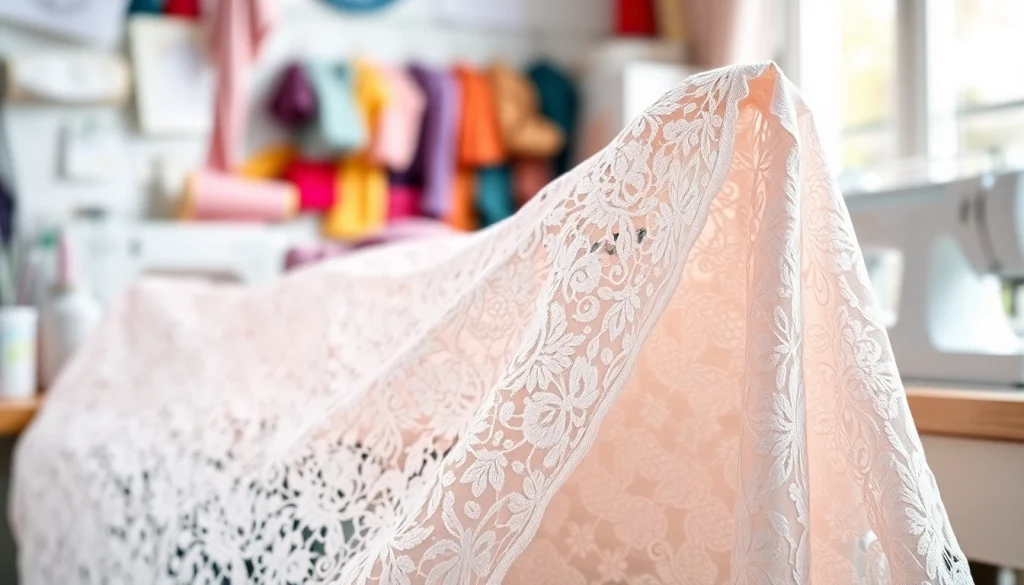 Leren over kanten stof per meter in een rustige naaiomgeving met kleurrijke garens.