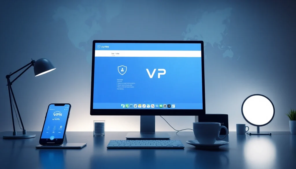 快连VPN界面显示在一块时尚的计算机屏幕上，展示现代工作区设计与全球互联。