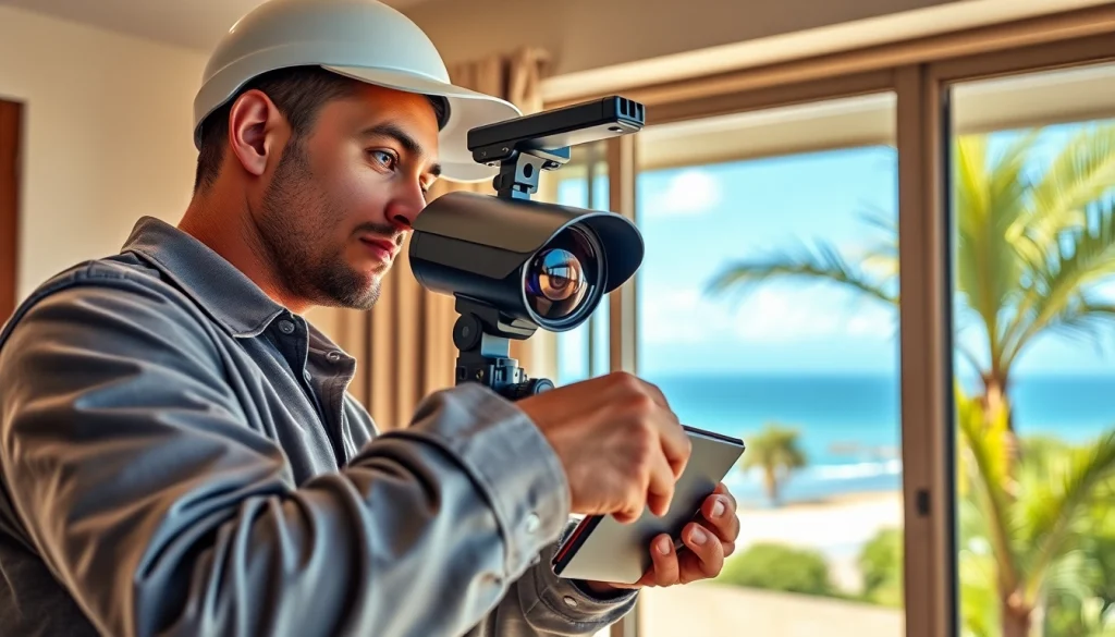 Instalación de cámaras de seguridad en Guanacaste por un técnico en un entorno residencial.